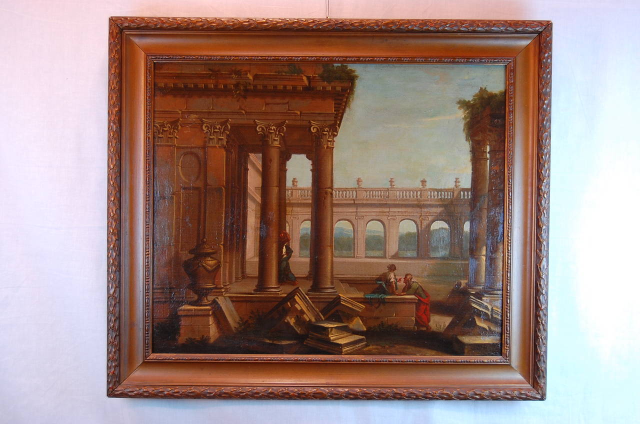 This is one of two identically framed 19th century oil paintings of Italian architectural ruins, stretcher size: 25
