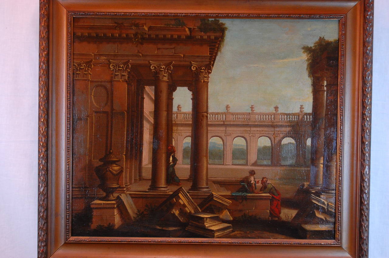 Hand-Painted 19th Century Architectural Ruins, Oil on Canvas For Sale