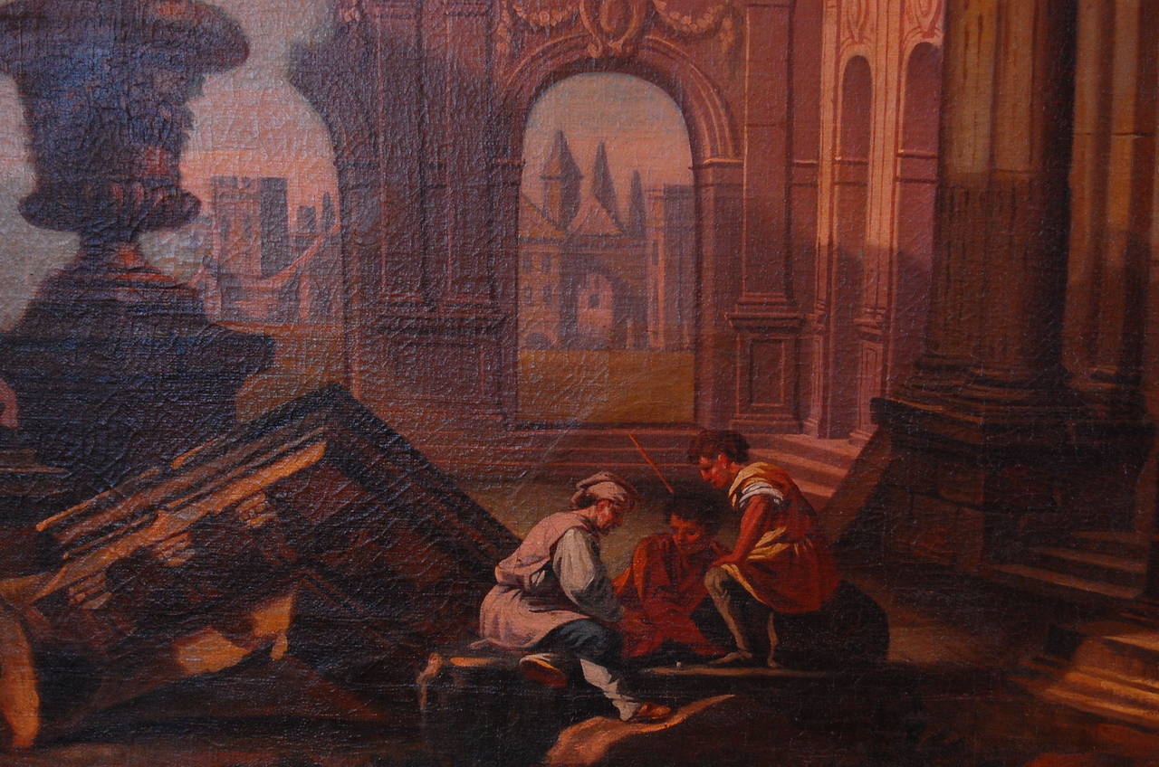 Hand-Painted 19th Century Architectural Painting of Ruins, Oil on Canvas For Sale