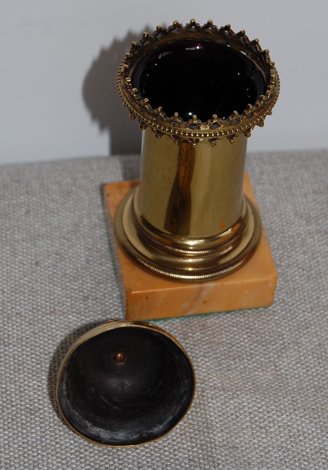 Brass Inkwell with Amethyst Glass Insert, 19th Century In Excellent Condition In Pittsburgh, PA