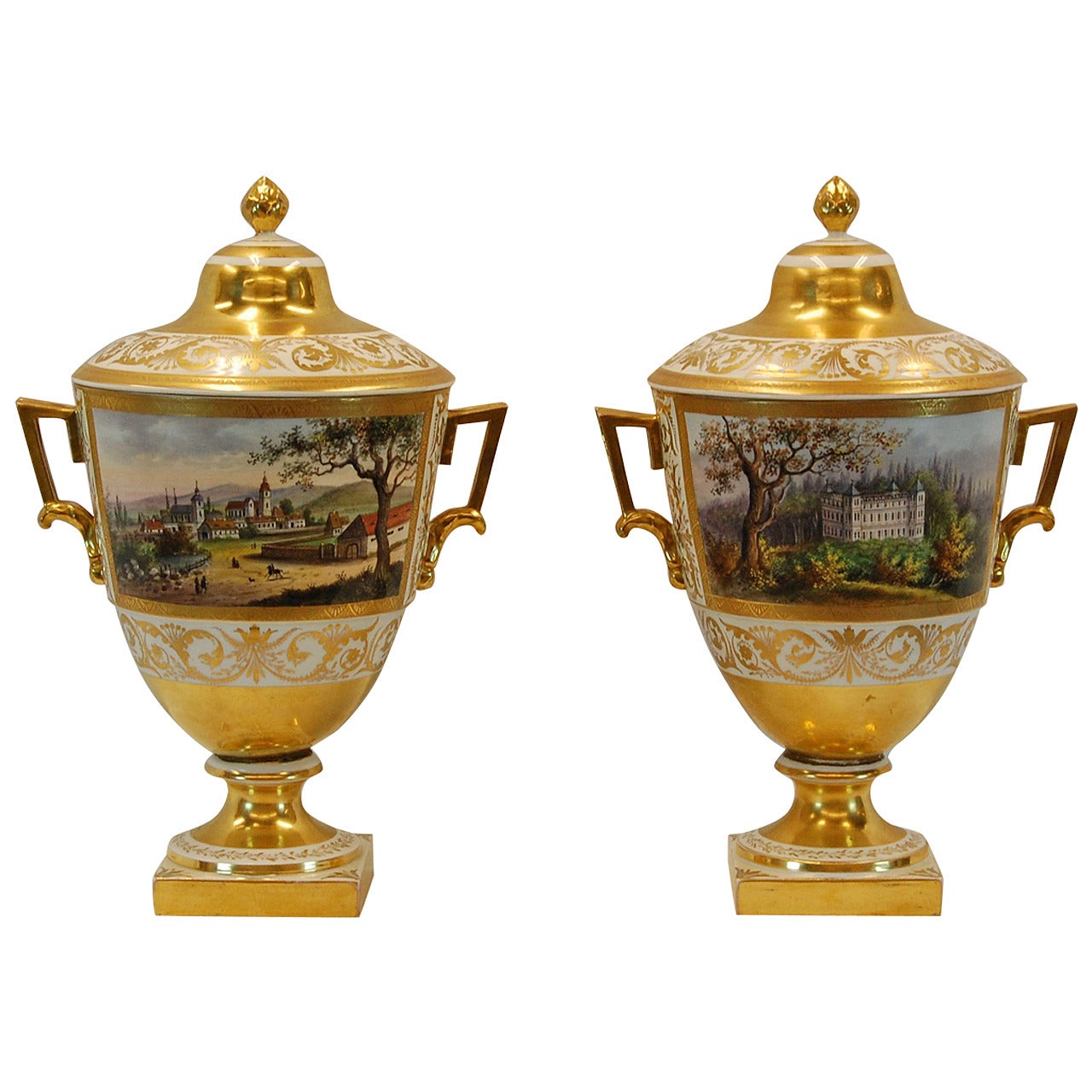 Pair German Porcelain Lidded Urns by the Eisenberger China Factory, Mid 19th C. For Sale