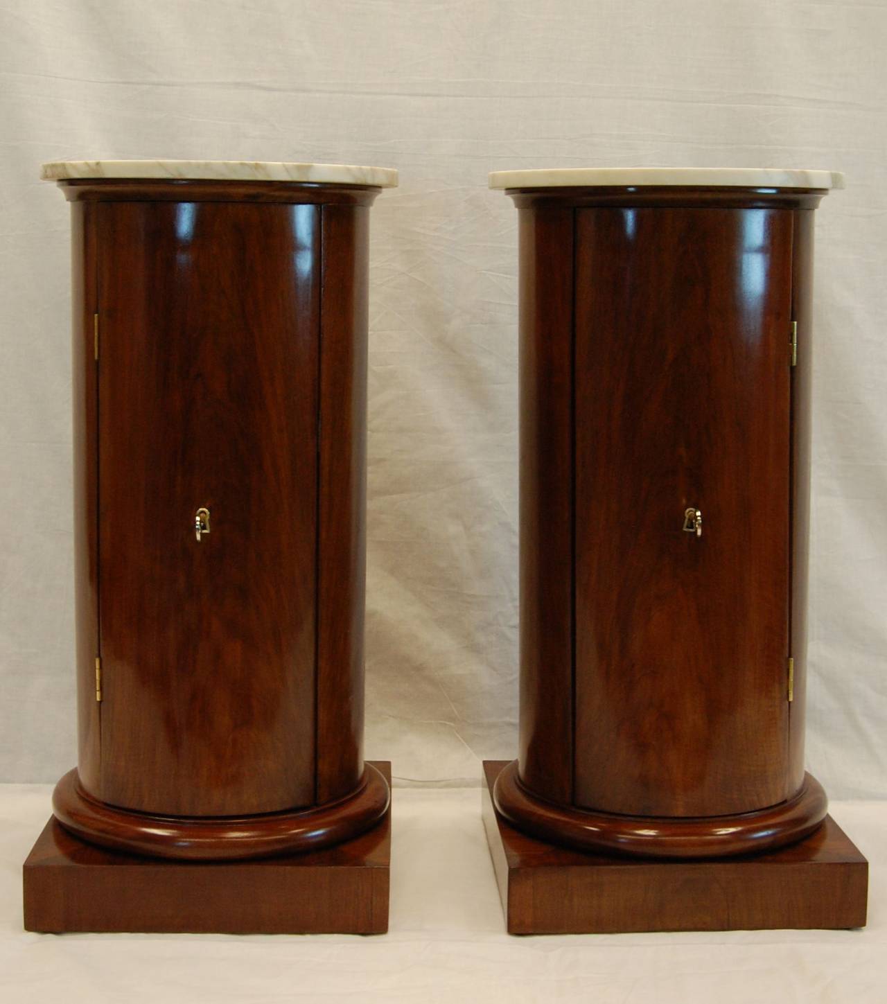 Opposing Pair Antique Cylindrical Pot Tables with Marble Tops