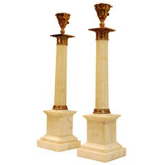Pair of Carved Alabaster Column Lamp Bases