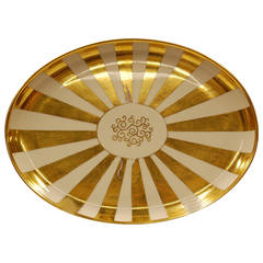 Vintage Oval Porcelain Tray with Gilt Sunburst Design