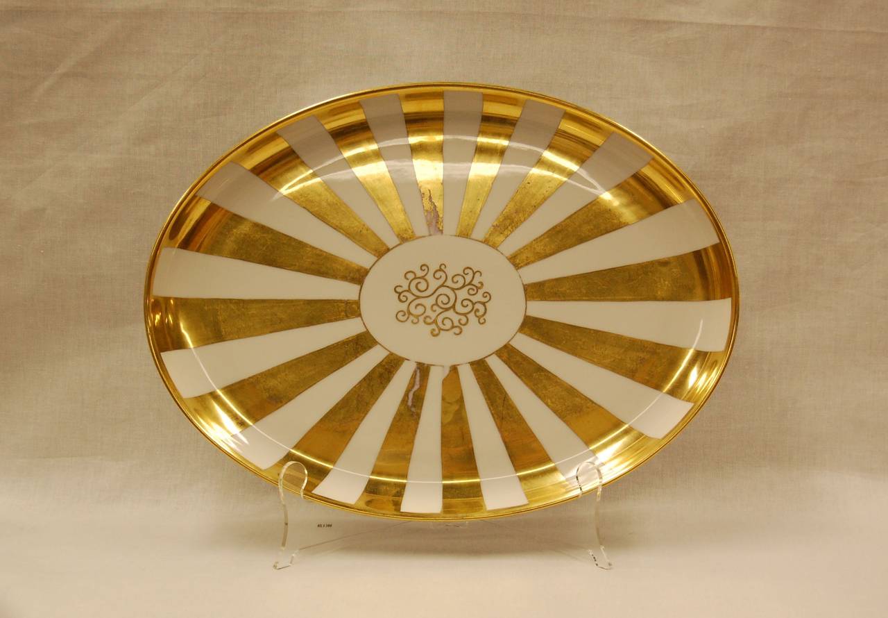 Oval Porcelain Tray with Gilt Sunburst Design