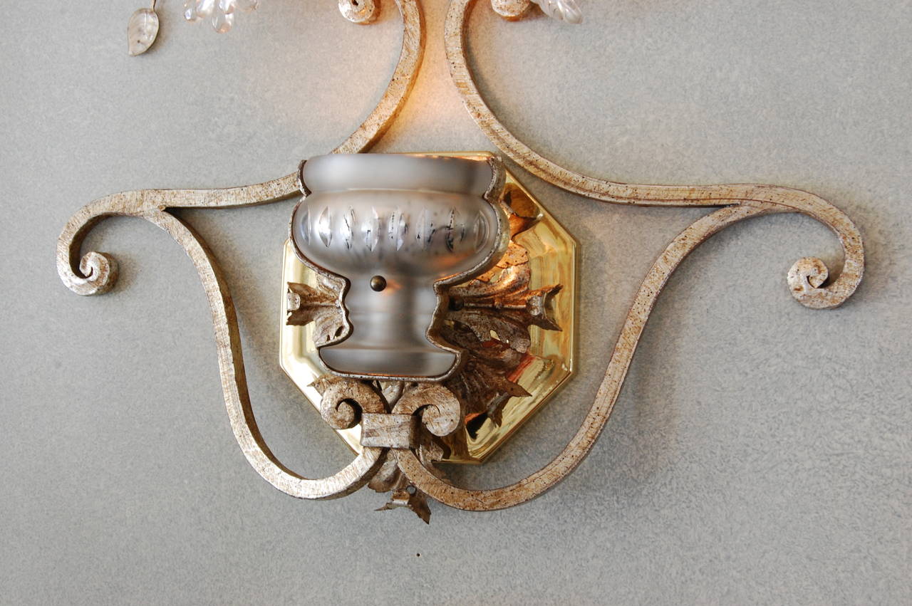 Pair of 1930s French Iron and Crystal Wall Sconces 5