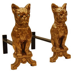 Pair of Solid Brass Dog Andirons with Clear Glass Eyes