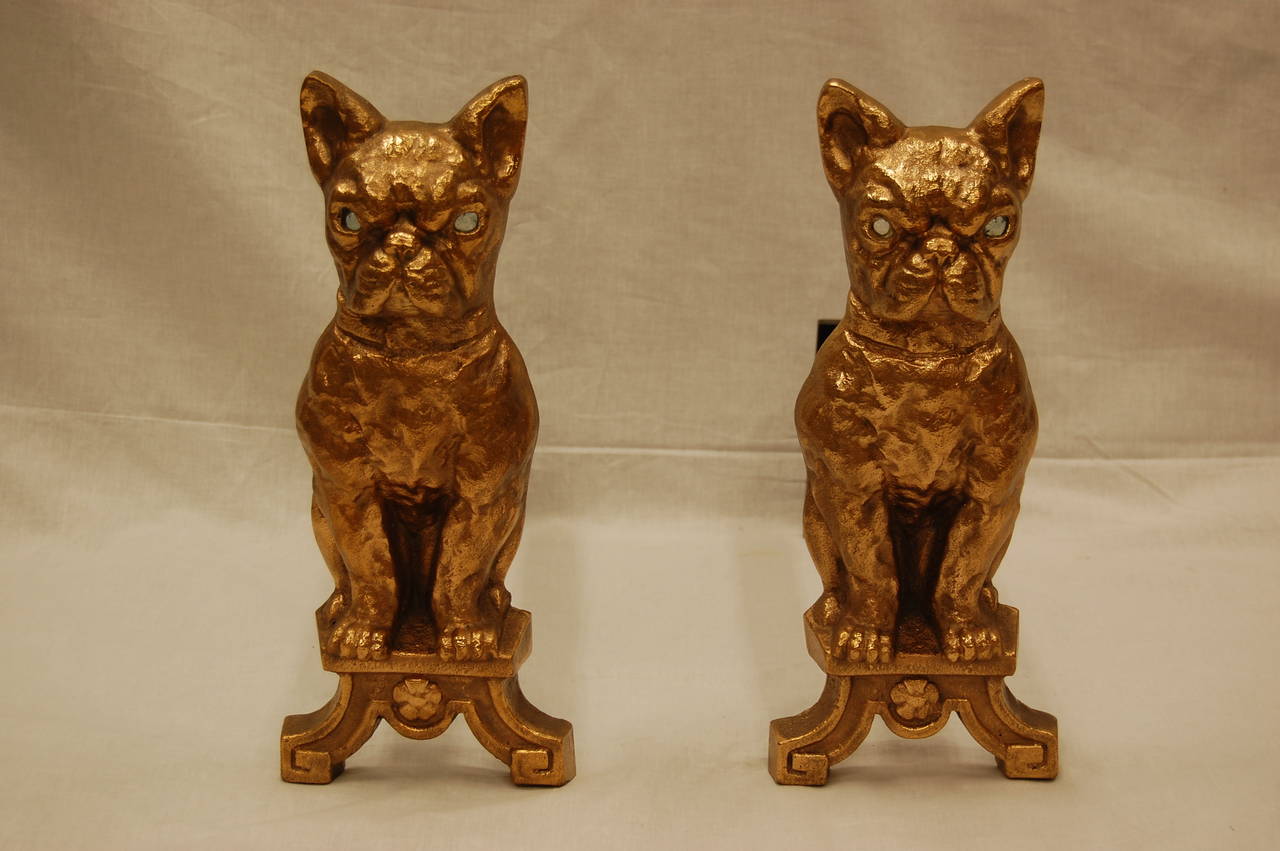 Pair of Solid Brass Dog Andirons with Clear Glass Eyes 1