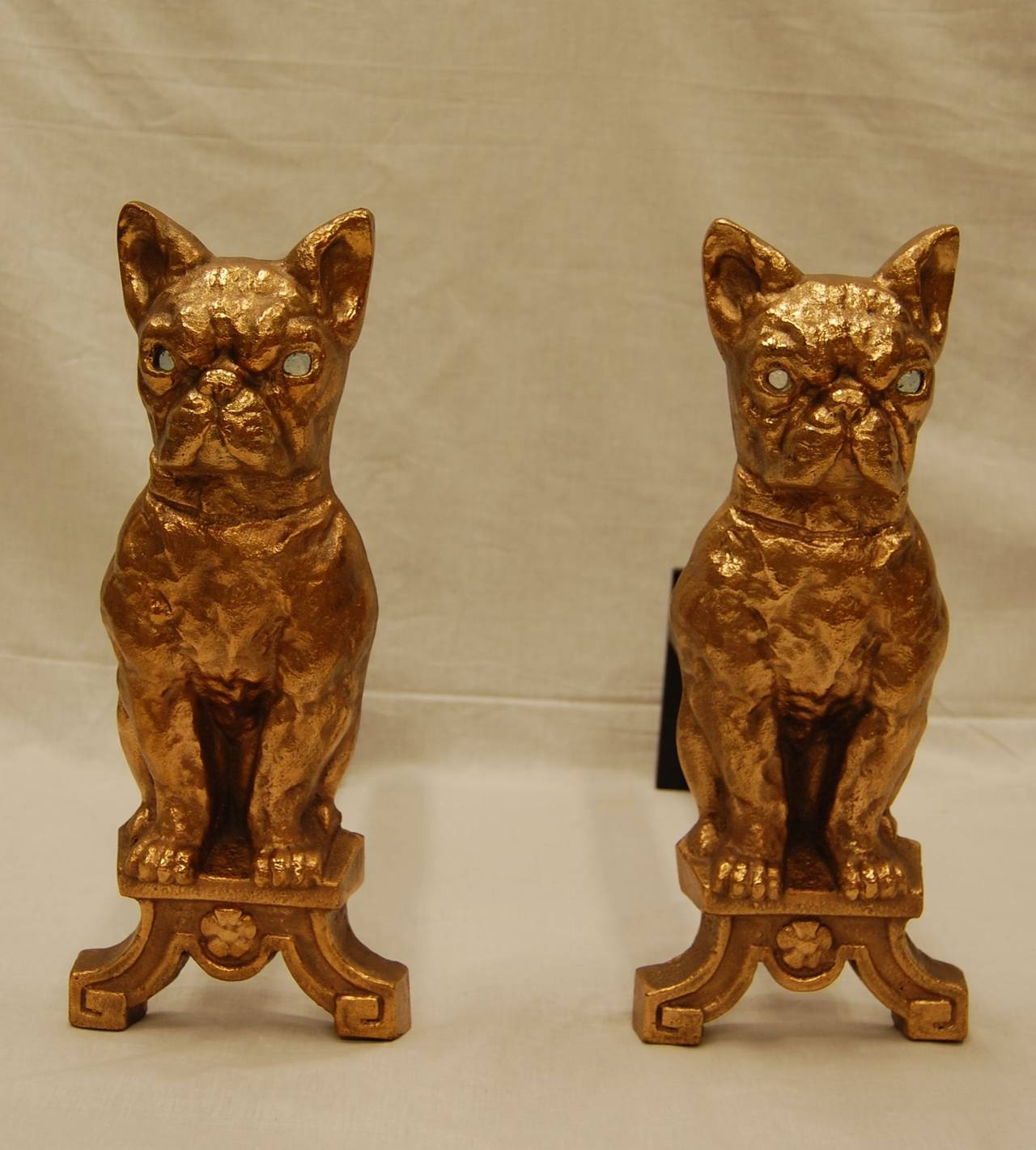20th Century Pair of Solid Brass Dog Andirons with Clear Glass Eyes