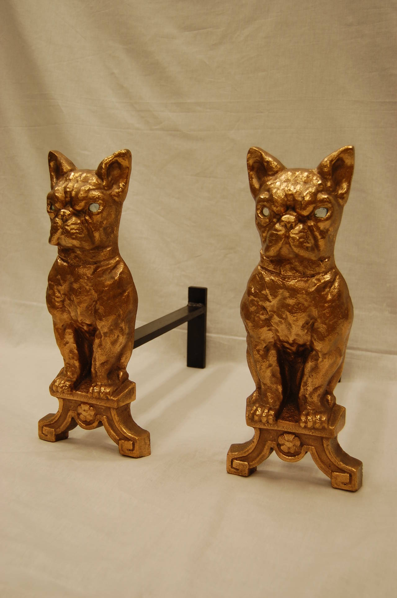 American Pair of Solid Brass Dog Andirons with Clear Glass Eyes