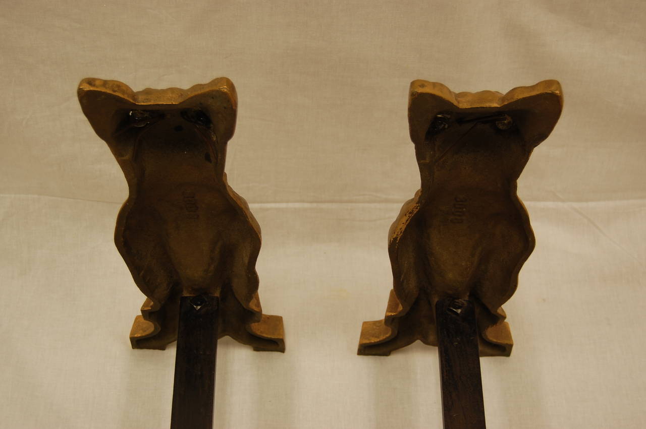 Pair of Solid Brass Dog Andirons with Clear Glass Eyes 3