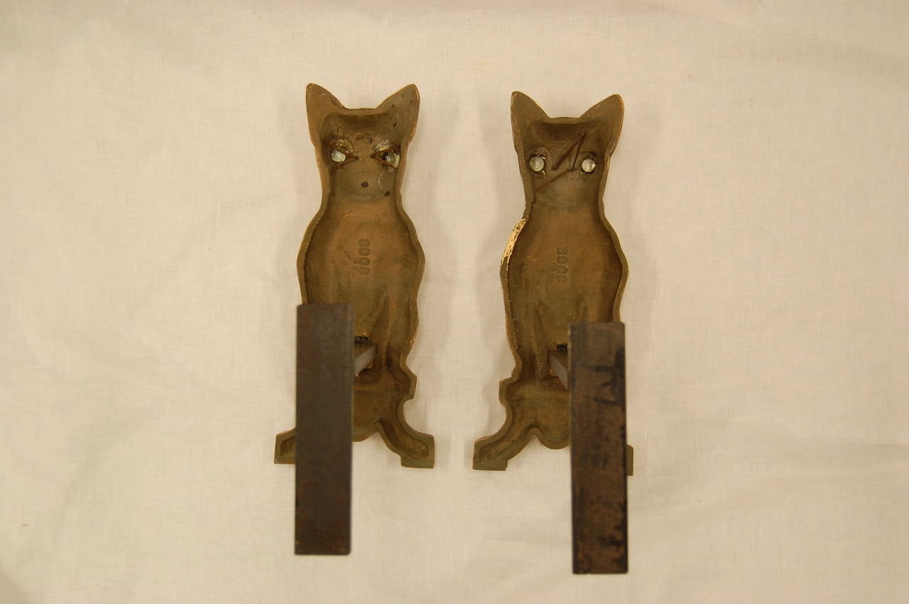 Pair of Solid Brass Dog Andirons with Clear Glass Eyes 2