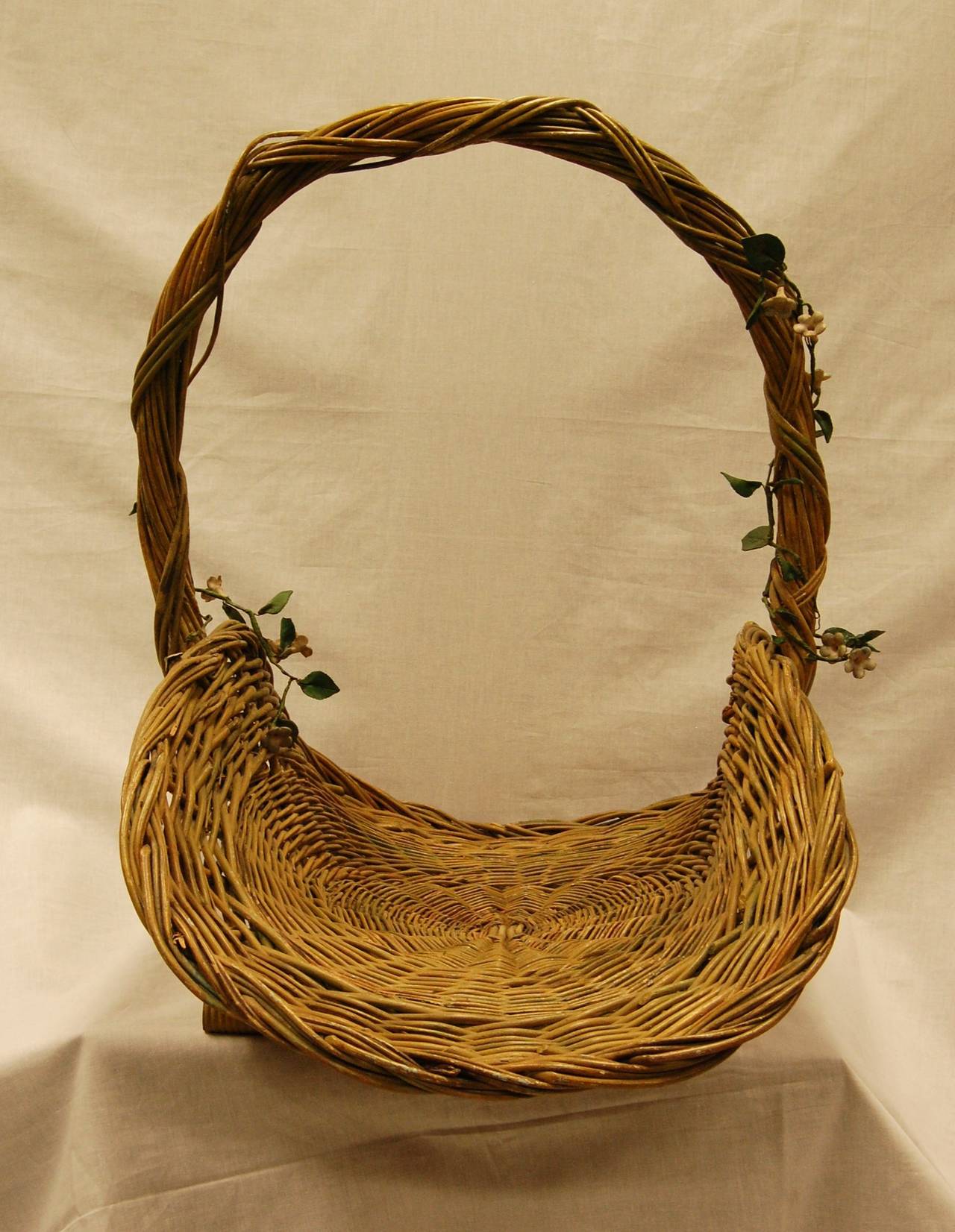 19th Century Victorian Rattan Basket with Flowering Vines