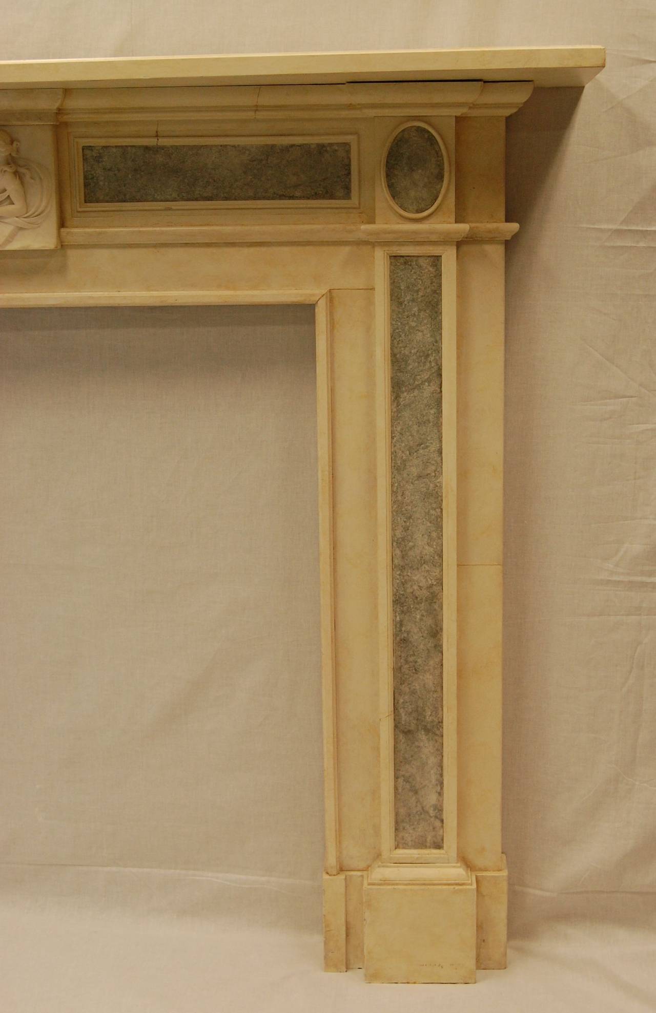 American Repro Faux Marble Mantel with Antique Carved Marble Plaque