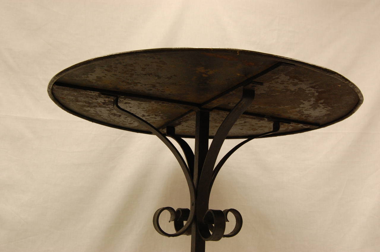 Late Victorian Tole Painted Circular Pedestal Table w/ Fancy Wrought Iron Tripod Base C. 1885 For Sale