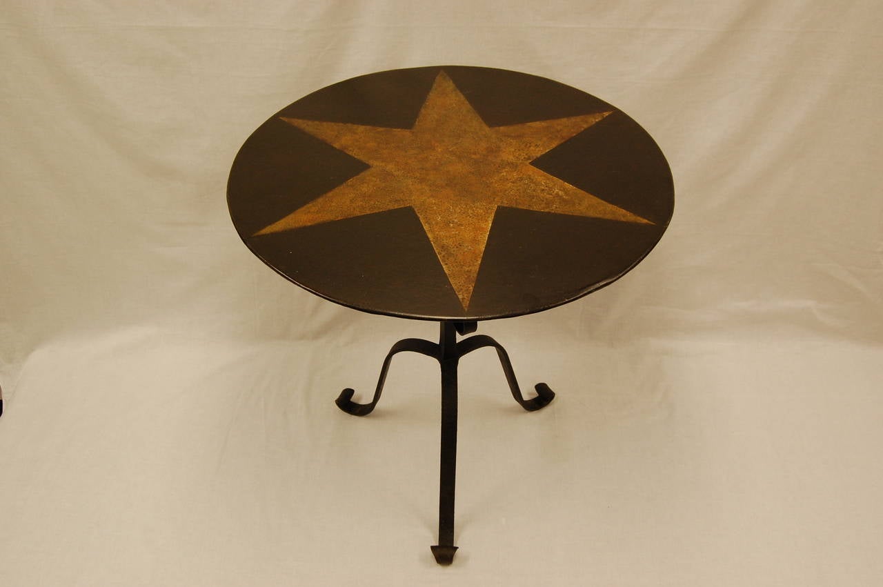 Hand-Crafted Tole Painted Circular Pedestal Table w/ Fancy Wrought Iron Tripod Base C. 1885 For Sale