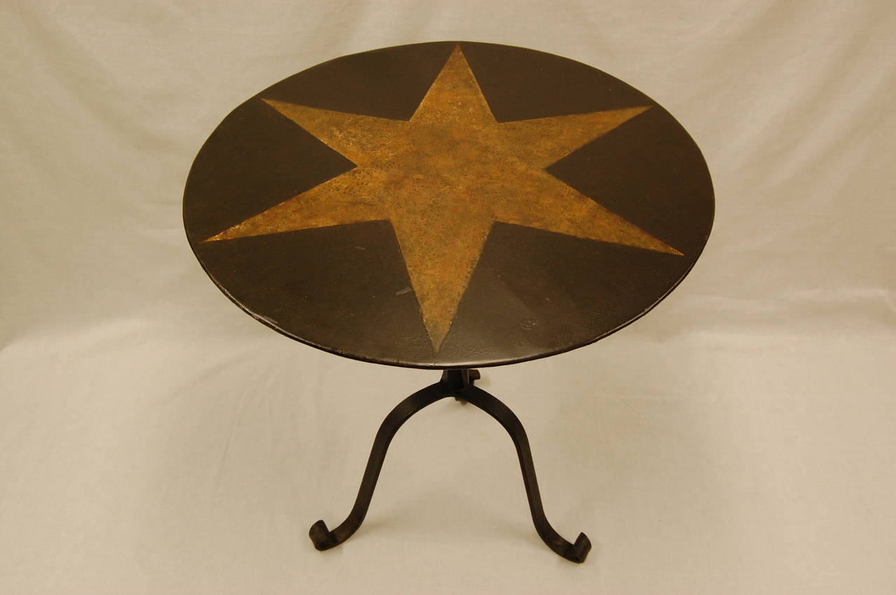 French Tole Painted Circular Pedestal Table w/ Fancy Wrought Iron Tripod Base C. 1885 For Sale