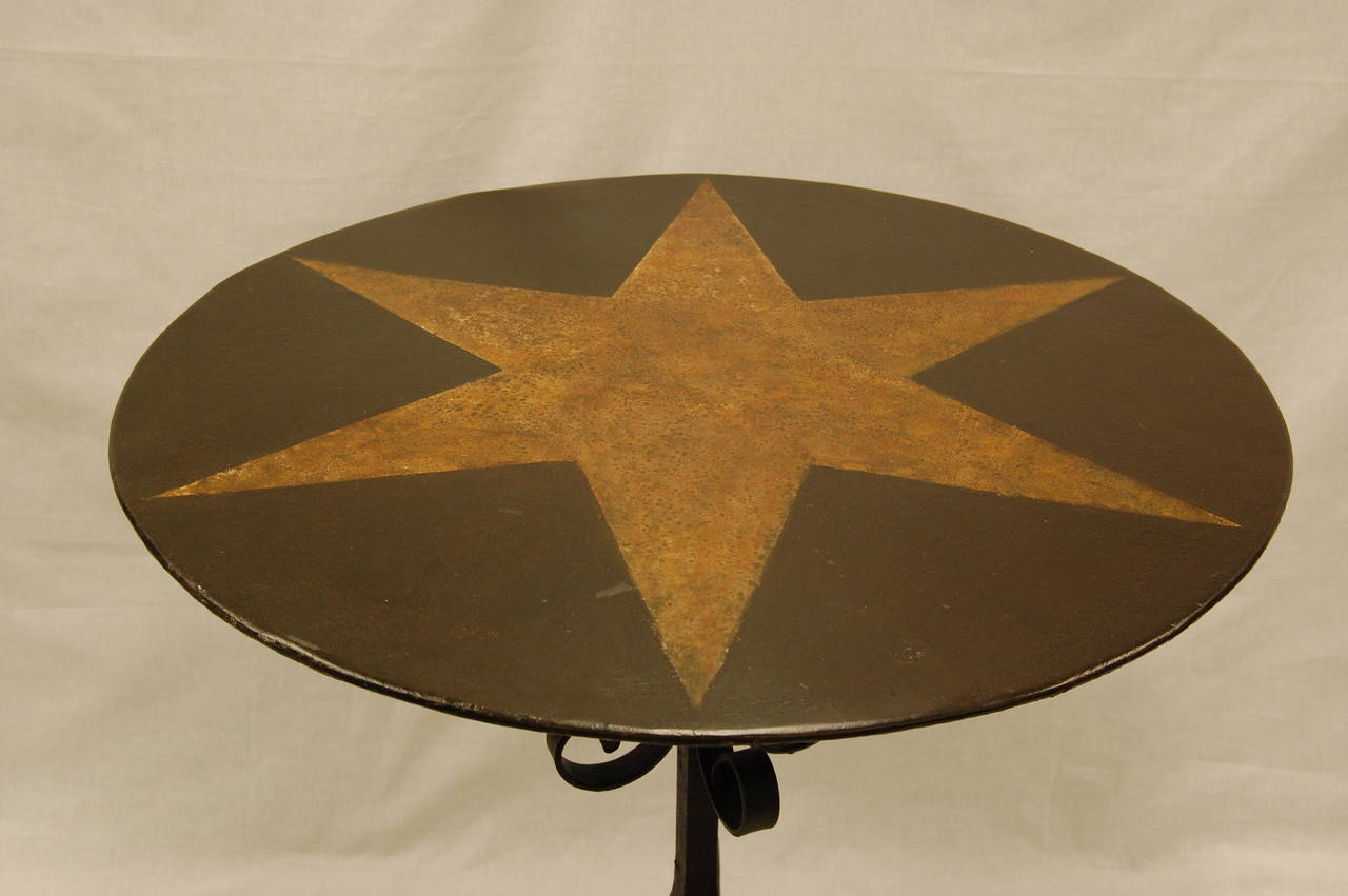 Tole Painted Circular Pedestal Table w/ Fancy Wrought Iron Tripod Base C. 1885 For Sale 1