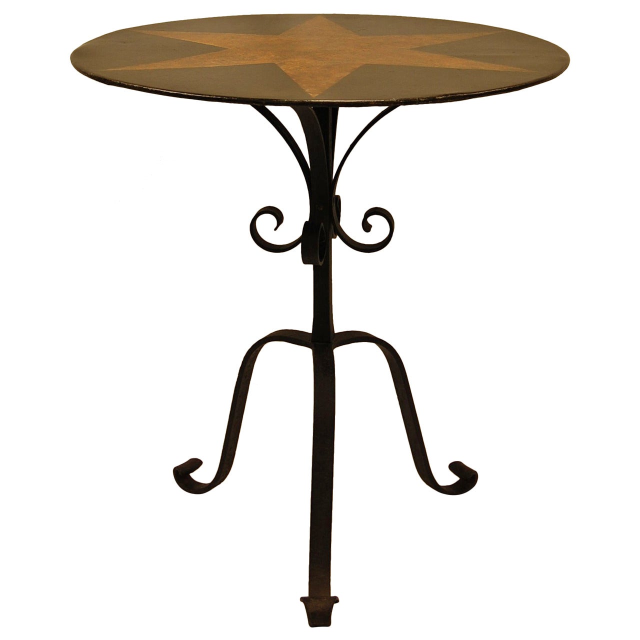Tole Painted Circular Pedestal Table w/ Fancy Wrought Iron Tripod Base C. 1885 For Sale