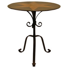 Tole Painted Circular Pedestal Table w/ Fancy Wrought Iron Tripod Base C. 1885