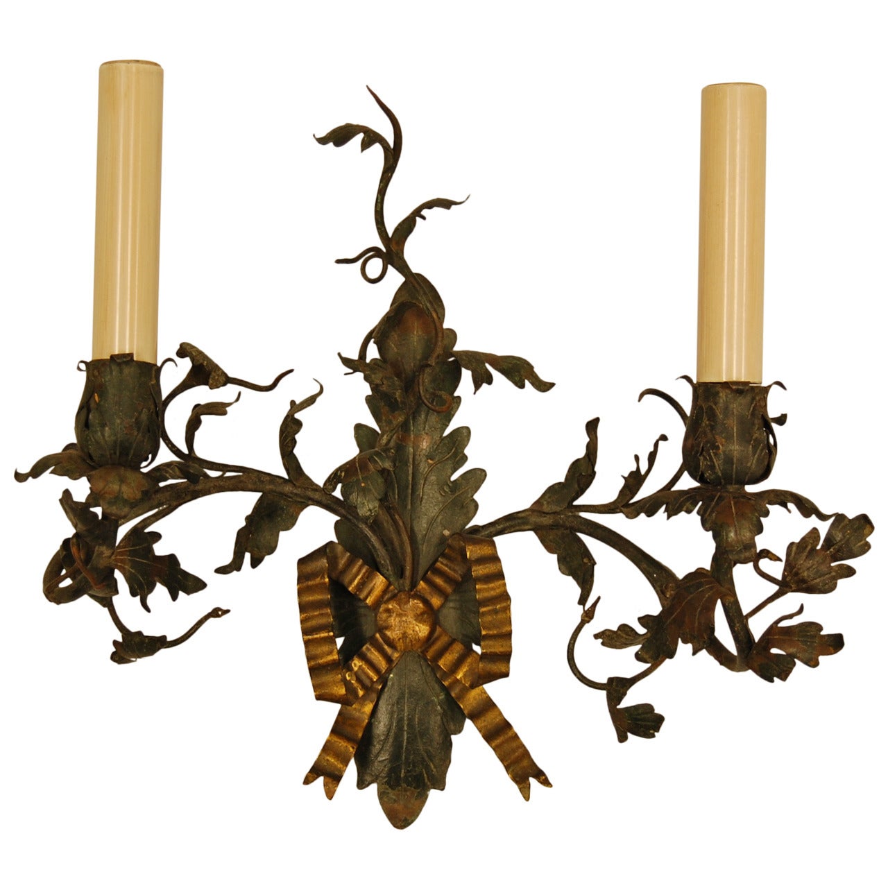 French Floral Brass Painted Wall Sconce
