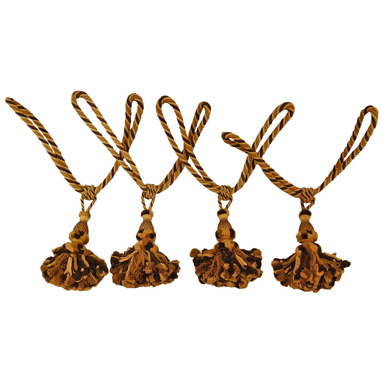 Set Of Four Large Matching Wool Drapery Tiebacks With Tassels At