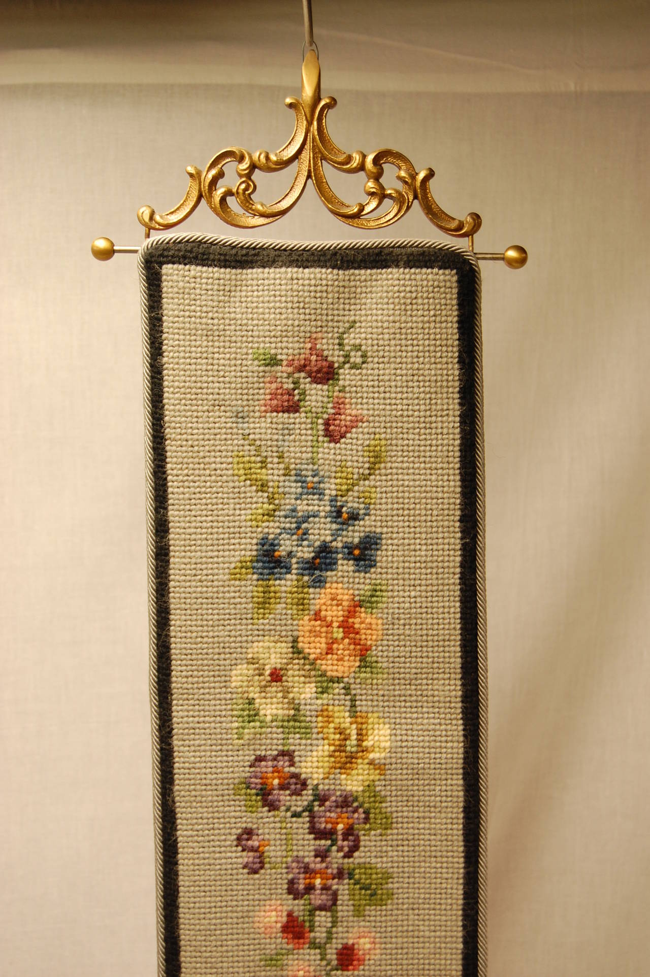 Art Deco Period Needlepoint Bell Pull with Pansy Floral Design at