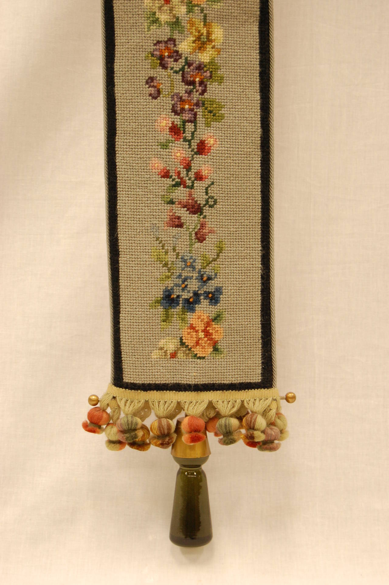 Art Deco Period Needlepoint Bell Pull with Pansy Floral Design at