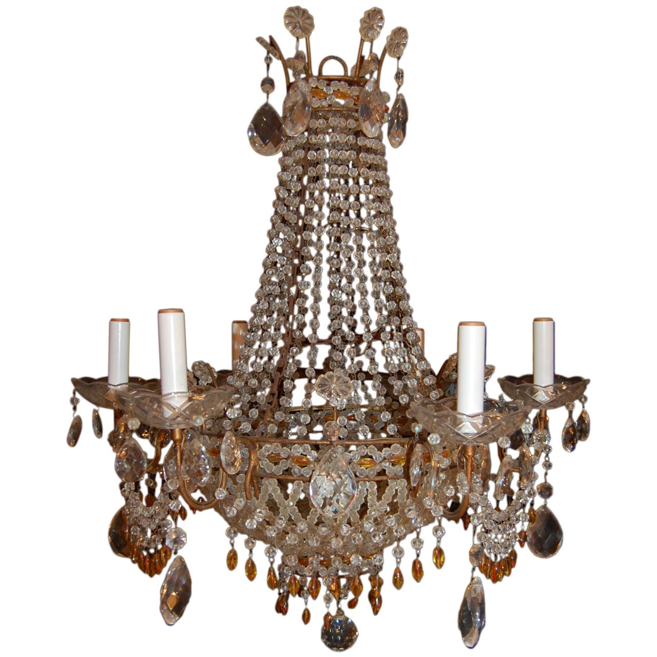 Italian Chandelier with Clear & Amber Crystal Drops and Beads, Mid-20th Century For Sale