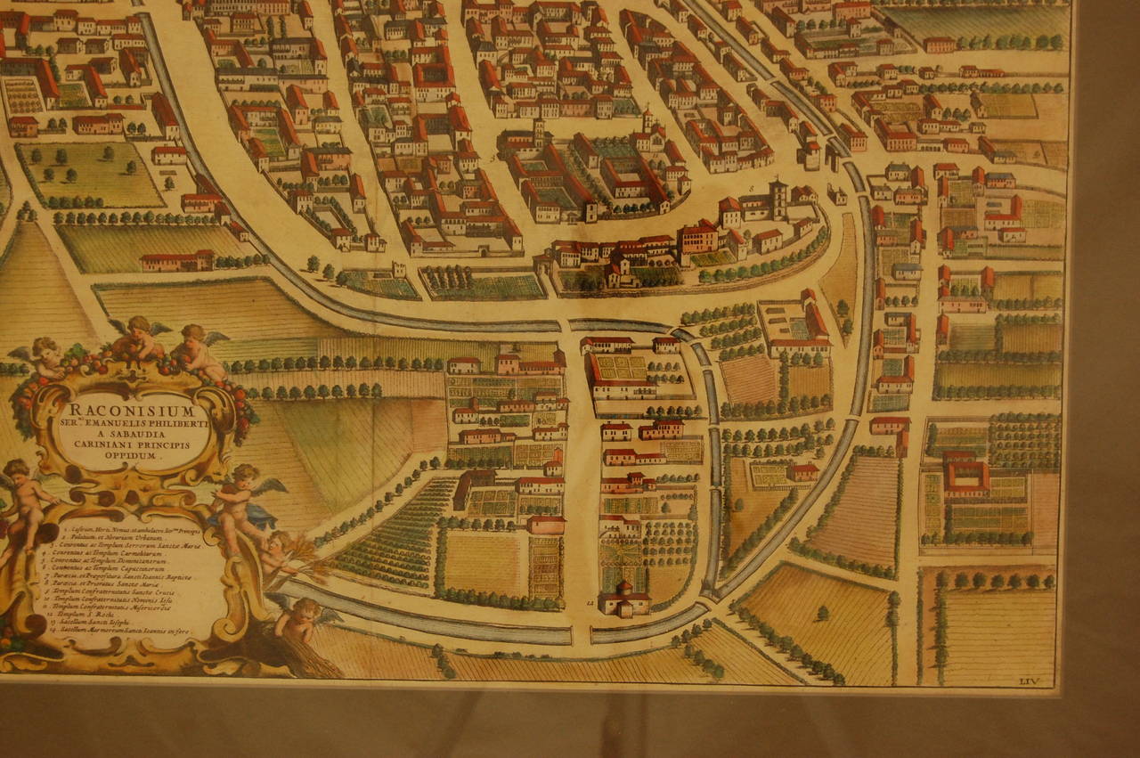 17th Century Water Color Map of Racconigi, Italy, 1668 by J. Blaeu