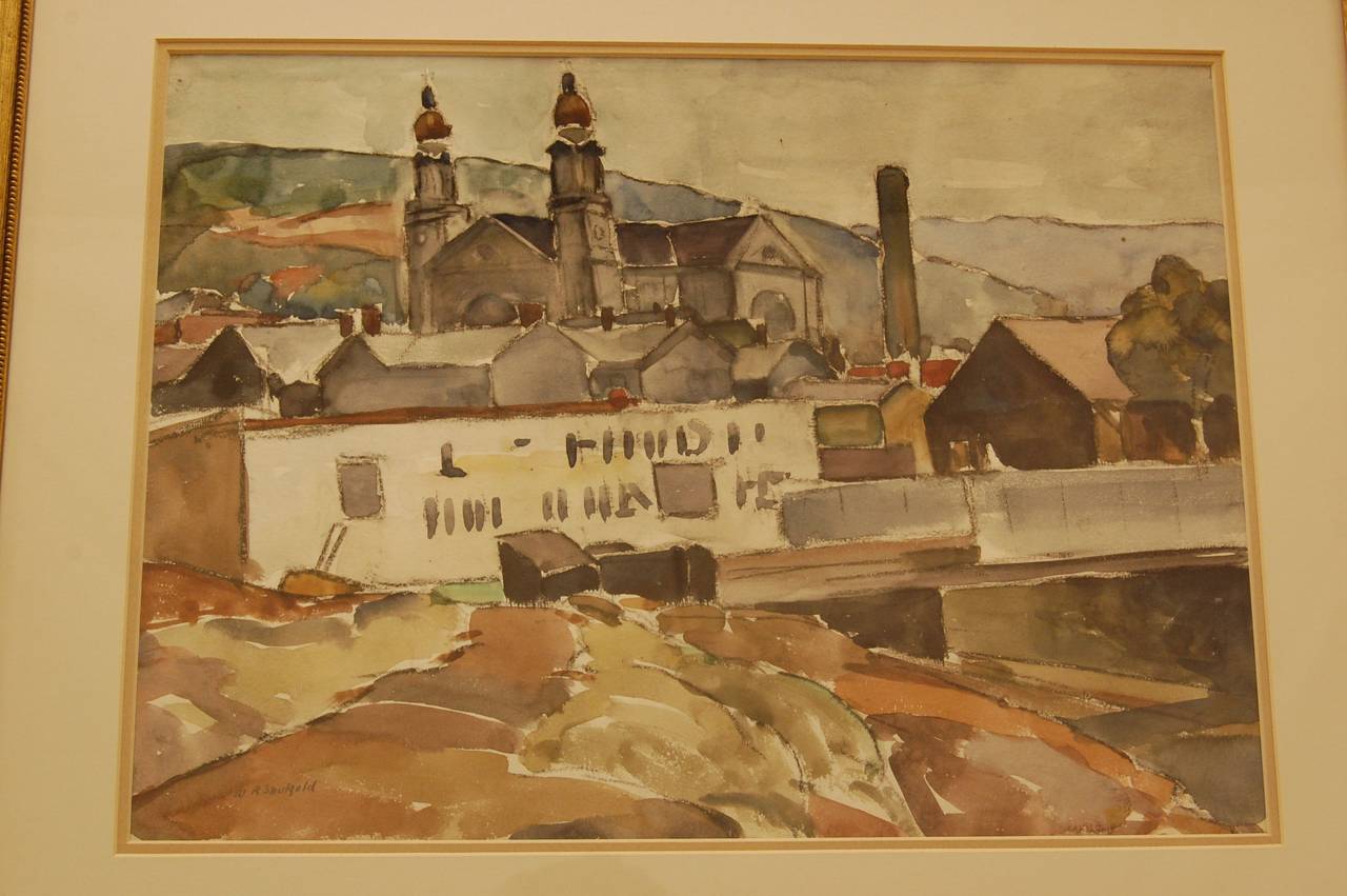 This early to mid 20th century watercolor by William Robert Shulgold is in excellent condition in a new gold frame with a double mat. The interior dimensions of the mat measure 18 x 13 1/4. William R. Shulgold was born in Russia, he then lived in