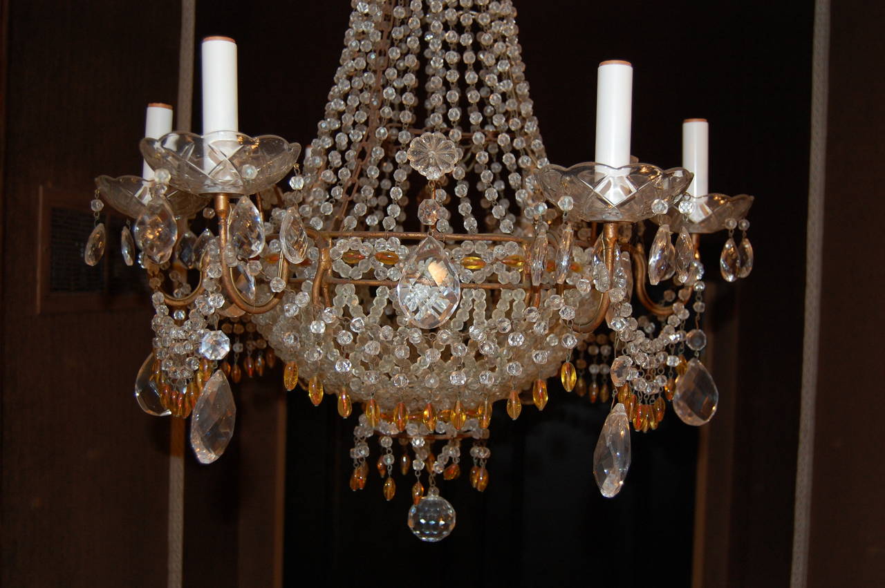 Italian Chandelier with Clear & Amber Crystal Drops and Beads, Mid-20th Century In Good Condition For Sale In Pittsburgh, PA