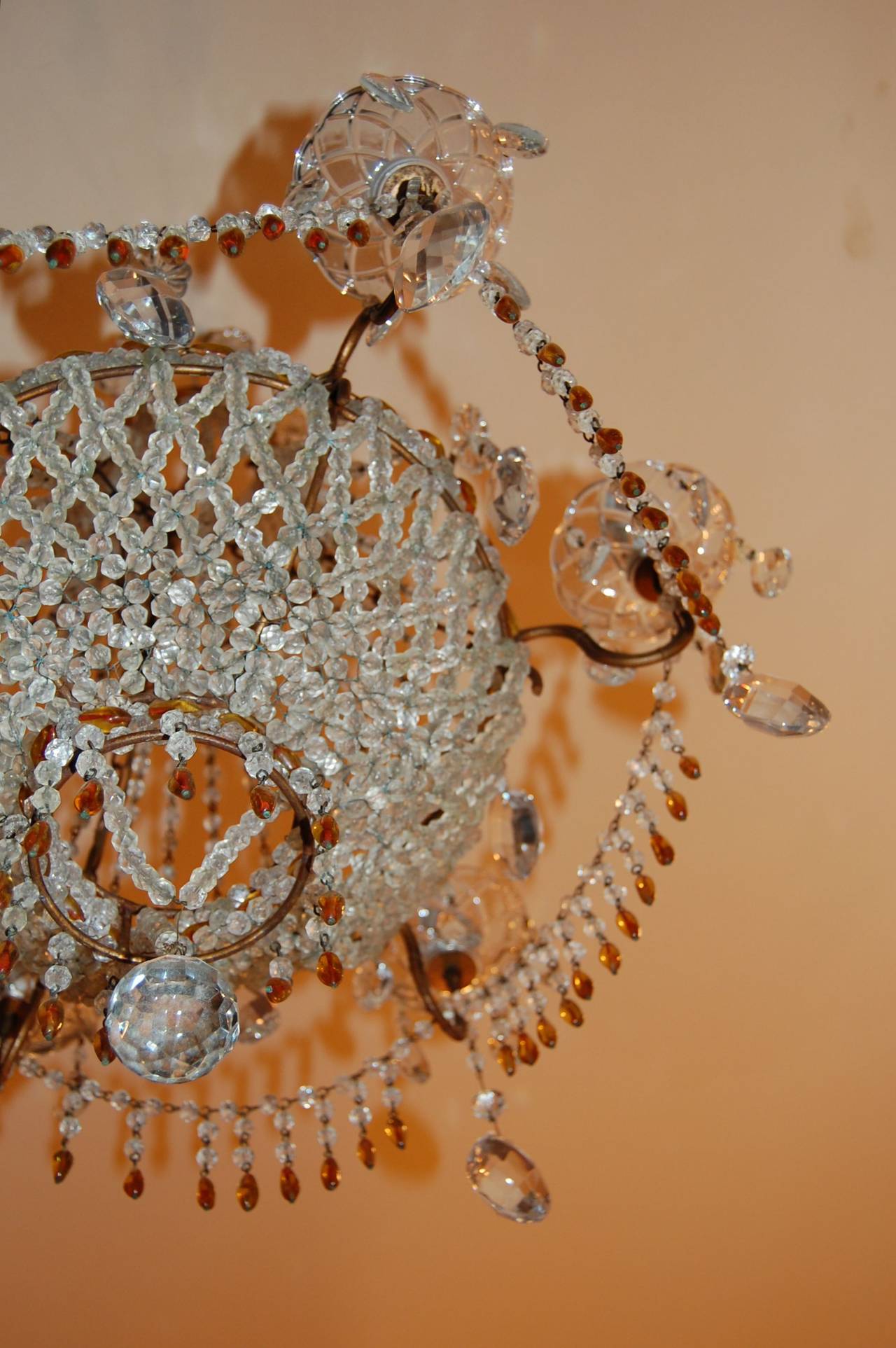 Other Italian Chandelier with Clear & Amber Crystal Drops and Beads, Mid-20th Century For Sale