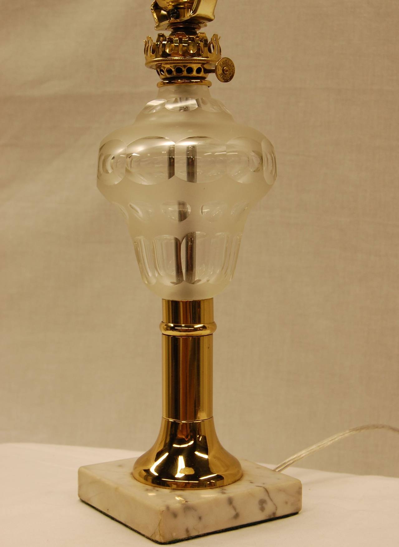 Brass American Cut Glass Font Oil Lamp, circa 1860 For Sale