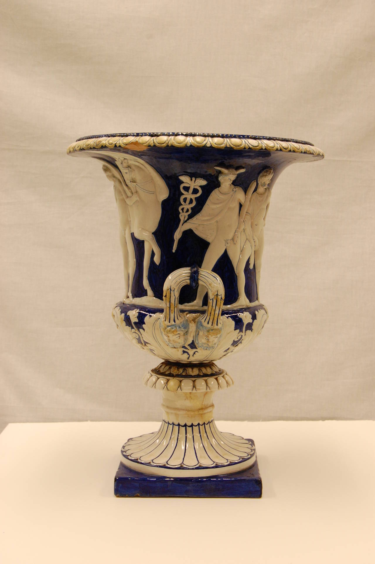 Classical Roman Antique Classically Inspired Majolica Urn in a Blue and White Glazed Finish For Sale