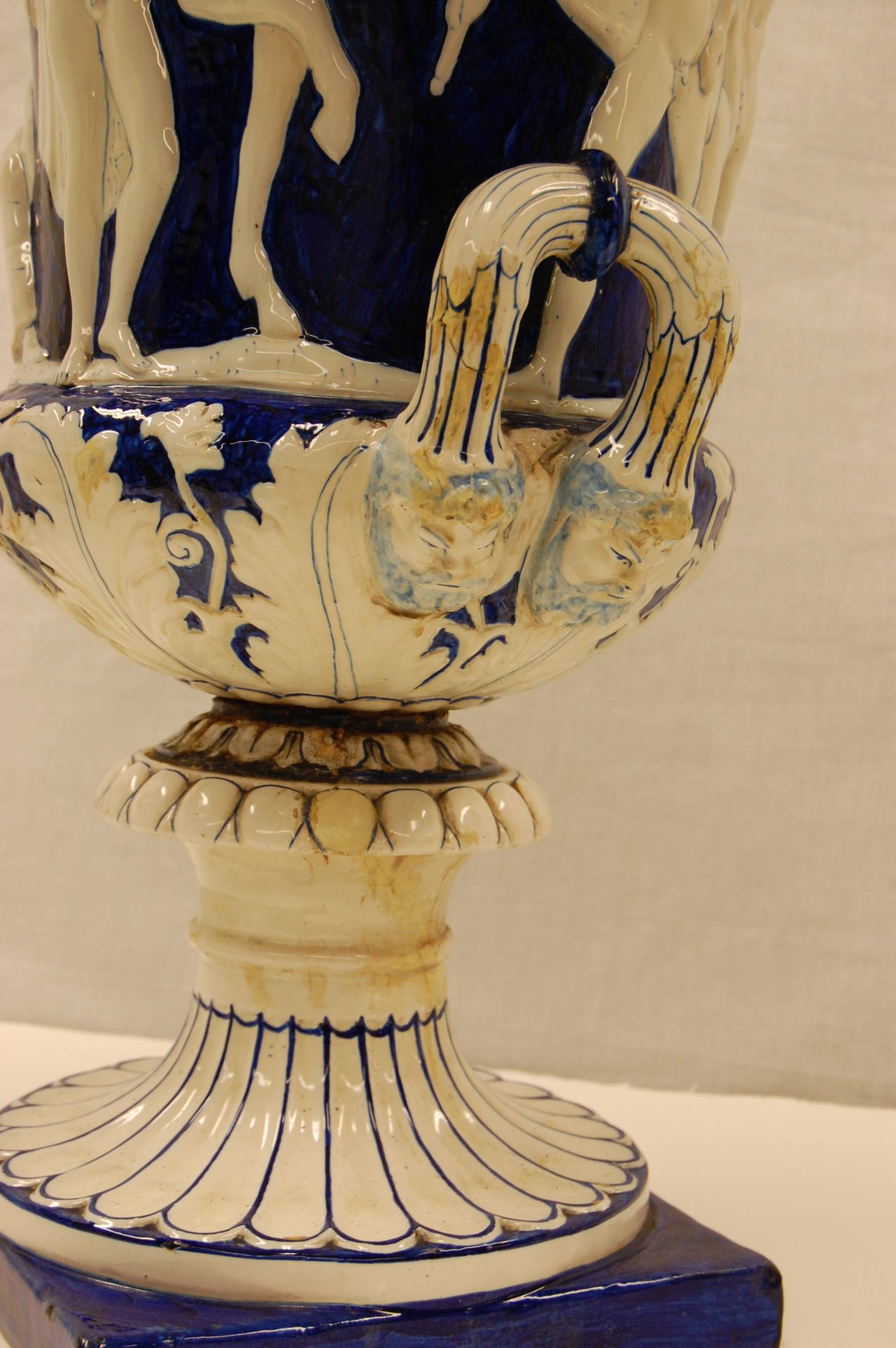 Terracotta Antique Classically Inspired Majolica Urn in a Blue and White Glazed Finish For Sale