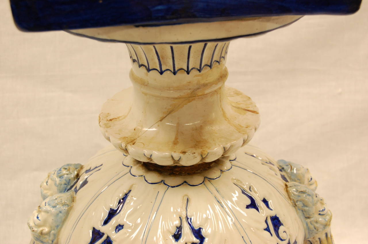 Antique Classically Inspired Majolica Urn in a Blue and White Glazed Finish For Sale 2