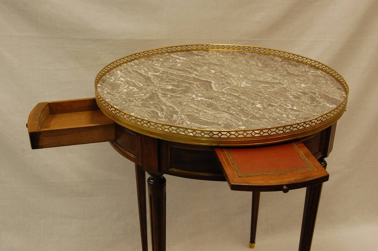Mahogany French Louis XVI Style Bouillotte Table with Marble Top and Brass Gallery For Sale