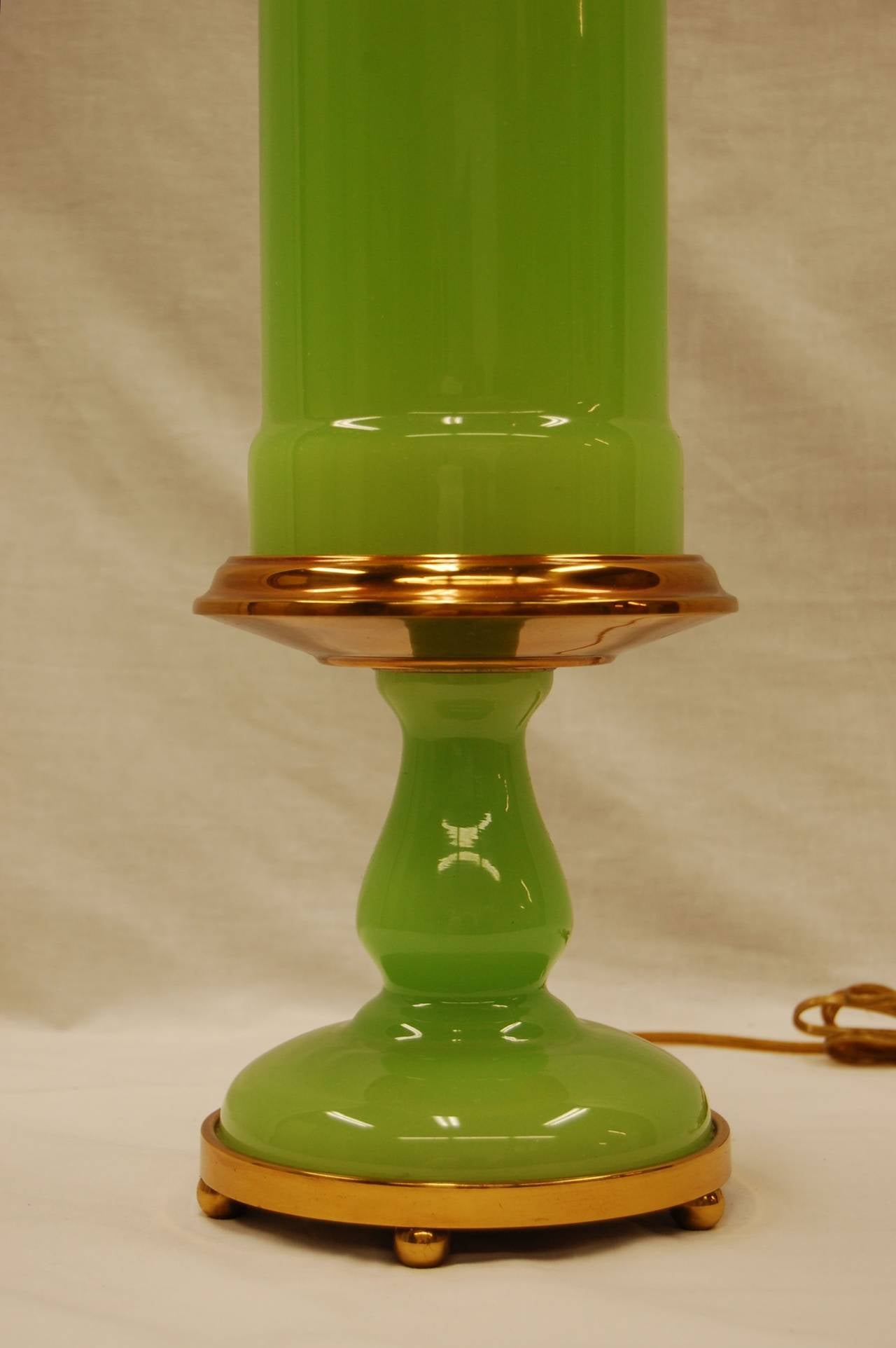 French 20th Century Reproduction Green Opaline Glass Oil Lamp For Sale