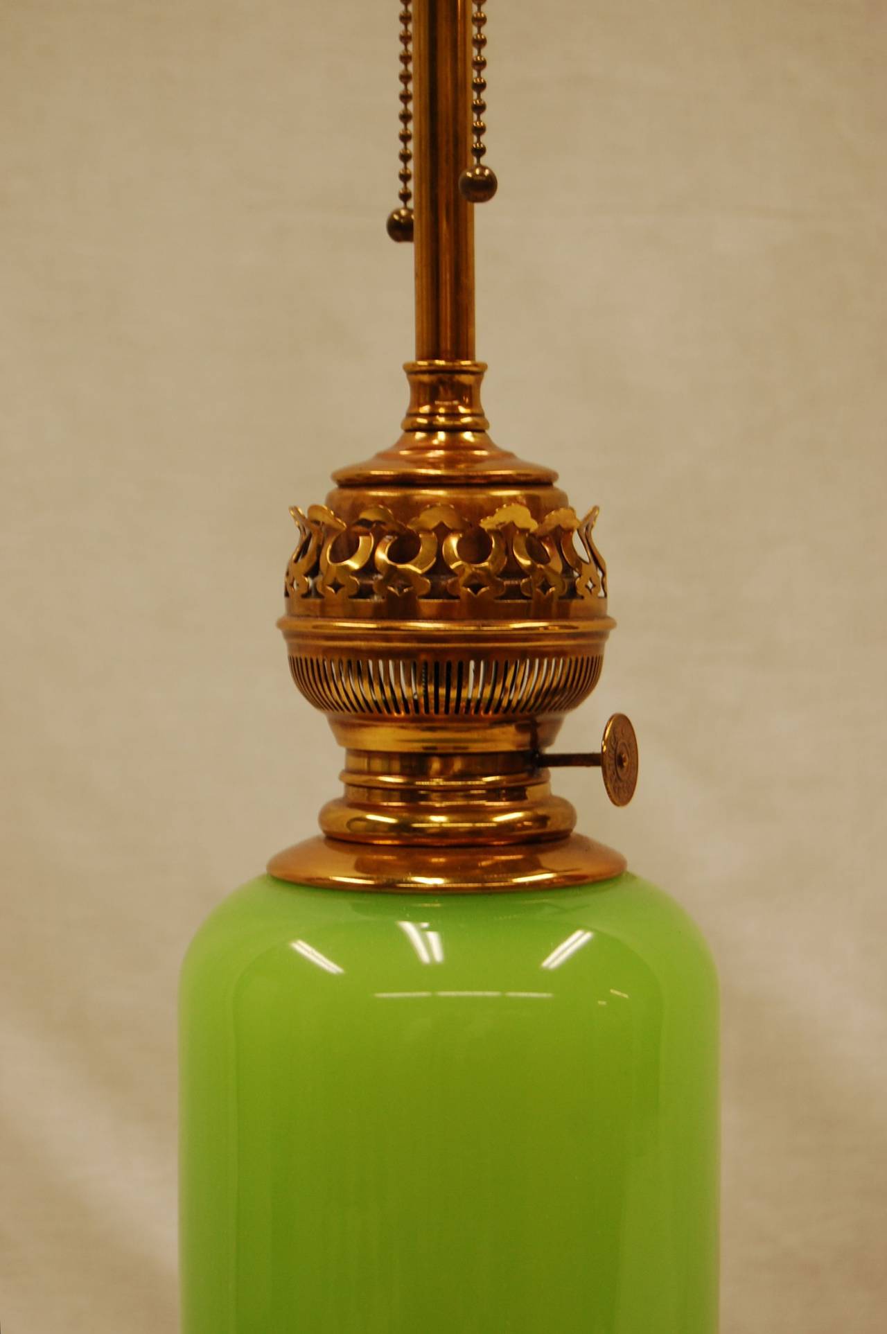 Victorian 20th Century Reproduction Green Opaline Glass Oil Lamp For Sale