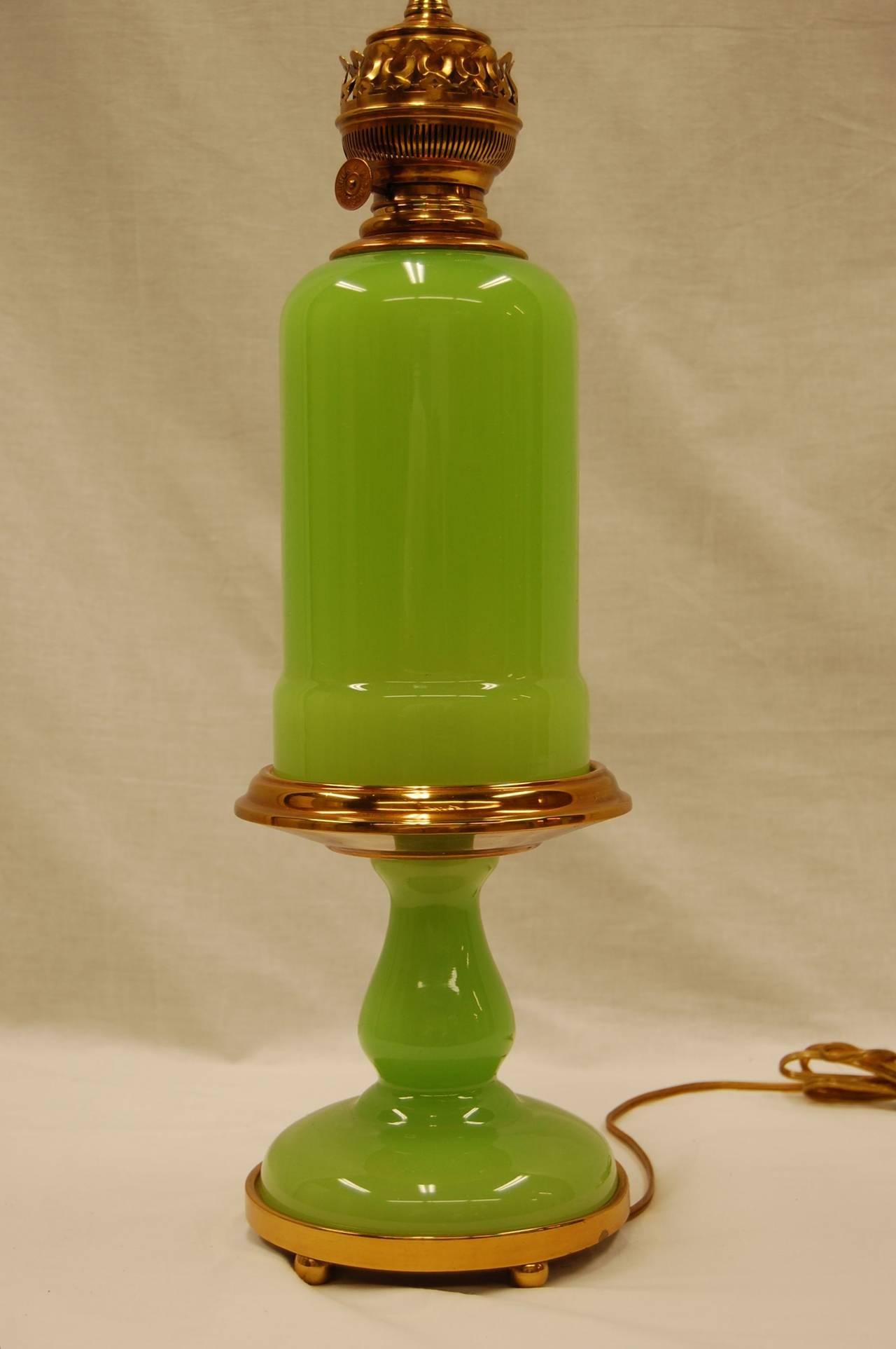 Mid-20th Century 20th Century Reproduction Green Opaline Glass Oil Lamp For Sale