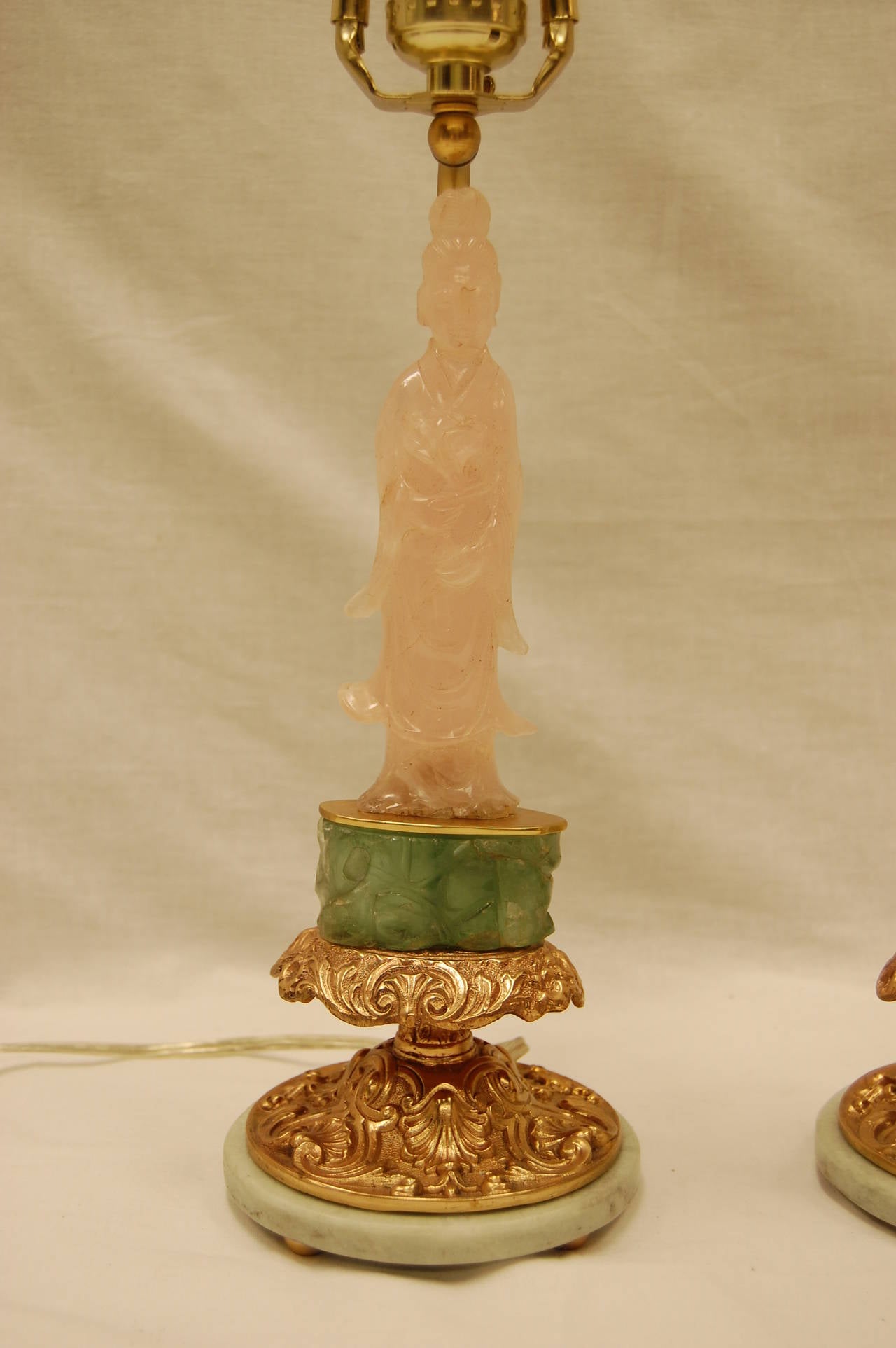 Hand-Carved Pair of Chinese Carved Pink Quartz and Green Jade Lamps on Original Brass Bases