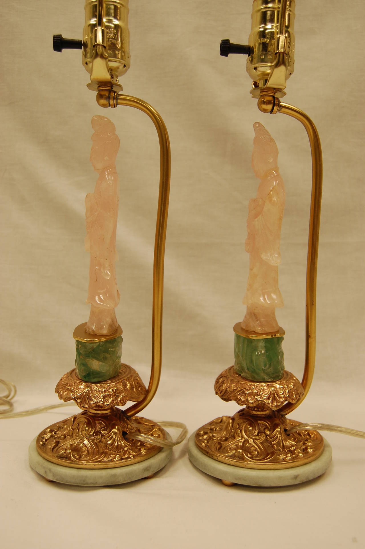 Late 19th Century Pair of Chinese Carved Pink Quartz and Green Jade Lamps on Original Brass Bases