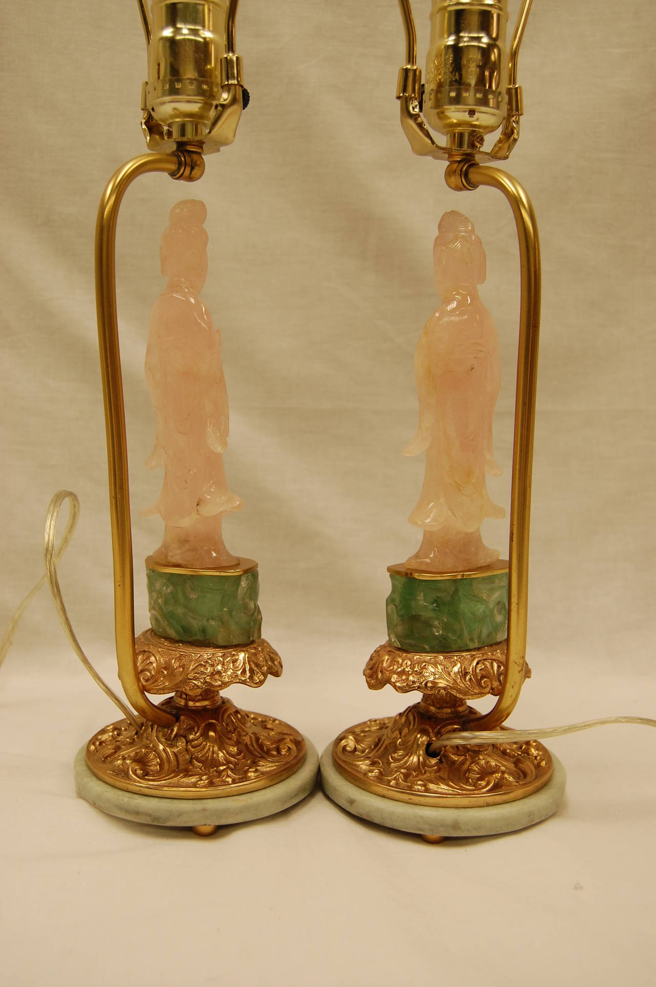 Pair of Chinese Carved Pink Quartz and Green Jade Lamps on Original Brass Bases In Excellent Condition In Pittsburgh, PA