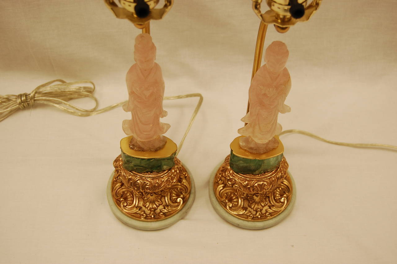 Pair of Chinese Carved Pink Quartz and Green Jade Lamps on Original Brass Bases 1