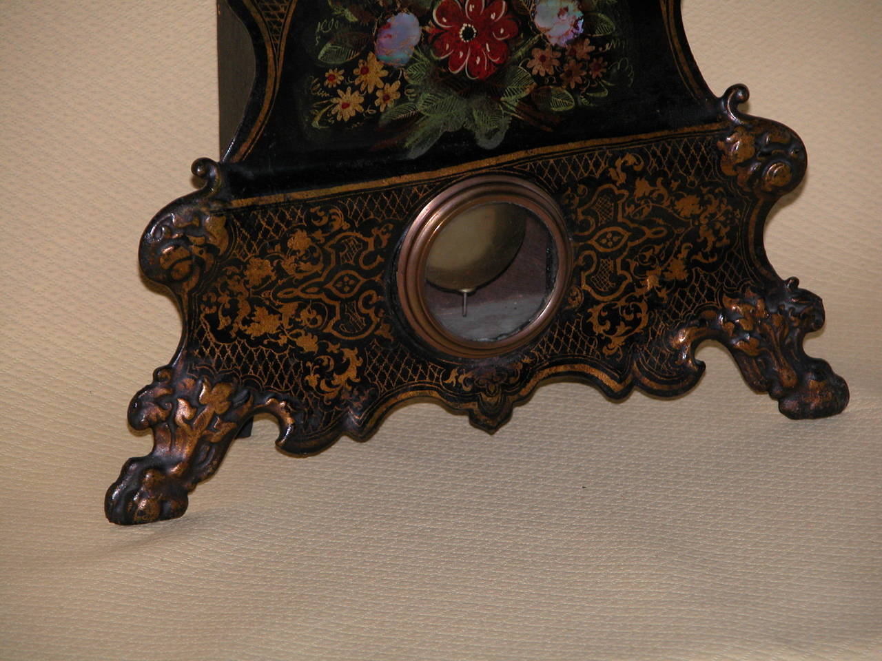 Victorian Clock with Cast Iron Face, Mother-of-Pearl Inlay and Floral Decoration In Excellent Condition In Pittsburgh, PA