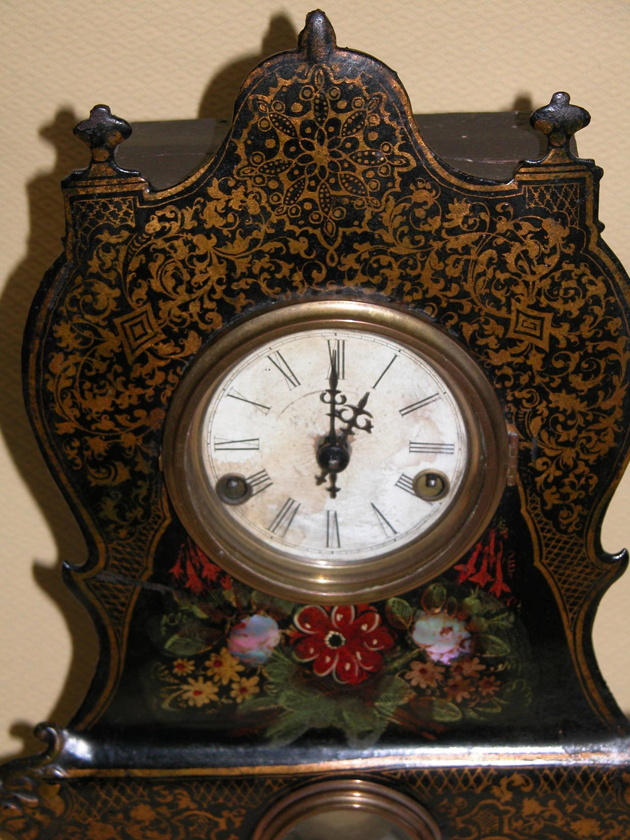 Victorian Clock with Cast Iron Face, Mother-of-Pearl Inlay and Floral Decoration 1