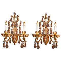 Pair of Early 20th Century French Art Deco Sconces with Crystal Drops
