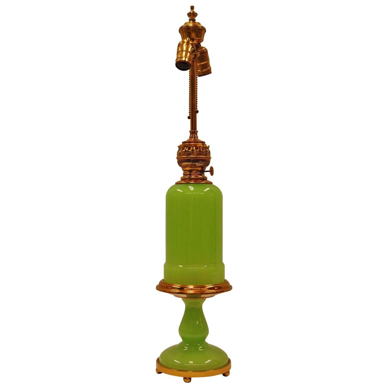 20th Century Reproduction Green Opaline Glass Oil Lamp For Sale