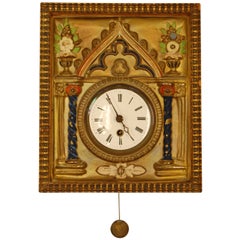 Brass Repousse and Enamel Wag-on-Wall Clock with Enameled Dial